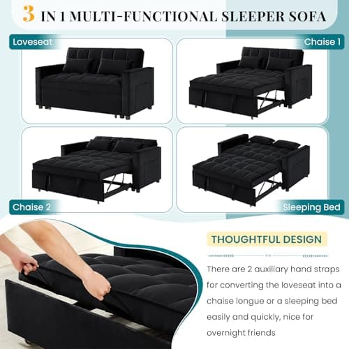 Antetek Modern Velvet Sleep Sofa Bed, Reclining Backrest, Pullout Bed, Living Room Furniture, Black