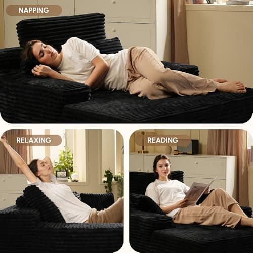 Oversized Chaise Lounge Chair - Black Faux Fur Sofa Bed (67"x48")
