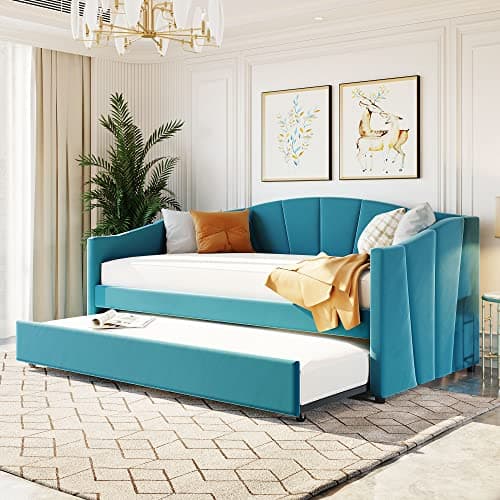 Blue Velvet Upholstered Daybed with Trundle and Backrest