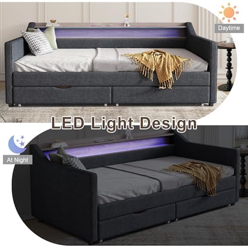 Linen Upholstered Twin Daybed with Storage and USB Port,Dark Grey