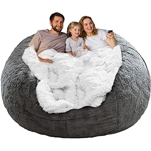 Dark Grey Big Round Soft Fluffy Bean Bag Chair Cover, Living Room Essential