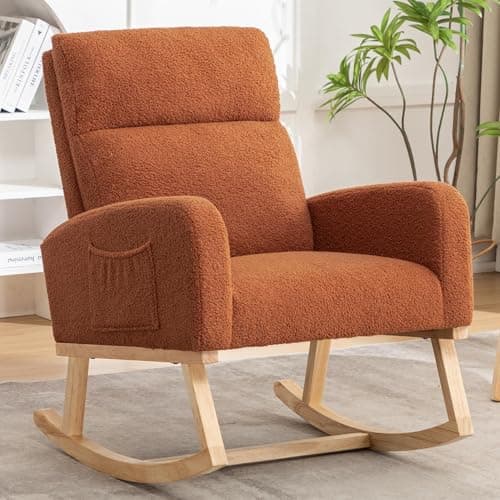 Sherpa Nursing Rocking Chair, Upholstered Glider with Side Pocket, Light Grey