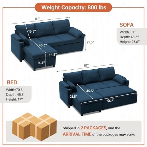 DURASPACE Blue Linen L-Shaped Sofa Bed with Storage Chaise