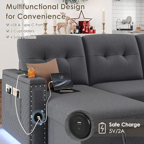 HIFIT 112" U-Shaped Sectional Couch with LED Lights & USB, Grey