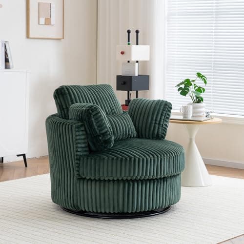 Green 360-Degree Swivel Barrel Chair with Thick Cushion & Throw Pillows