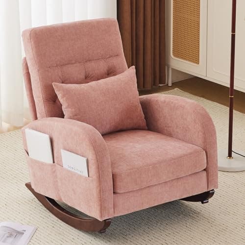 VINGLI Chenille Low Seat Rocking Chair, Pink with Side Pockets and High Backrest