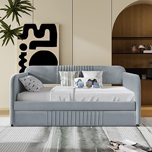Upholstered Daybed with Trundle and Wood Slat Support, Gray