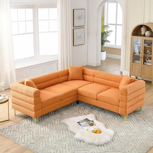Antetek Modern Black L-Shaped Chaise Lounge Couch with Teddy Fabric and Gold Legs