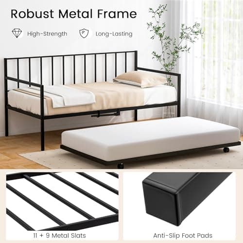 Giantex Black Metal Twin Day Bed with Pullout Trundle & Lockable Casters