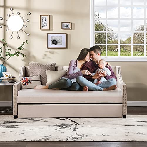 Beige Tufted Button Twin Daybed with Trundle, Modern Upholstered Velvet Sofa Bed