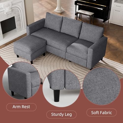 JAMFLY Dark Grey L Shaped Sectional Sofa with Ottoman for Small Living Rooms