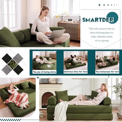 3-Seater Convertible Sofa Bed with Removable Backrest, King Size Green Corduroy for Living Room/Dorm