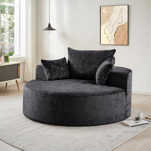 Modern Oversized Black Round Chaise Longue Chair for Living Room and Bedroom, 55-inch Upholstered Chenille Deep Seat Circle Single Cloud Lounge Floor Sofa Chair