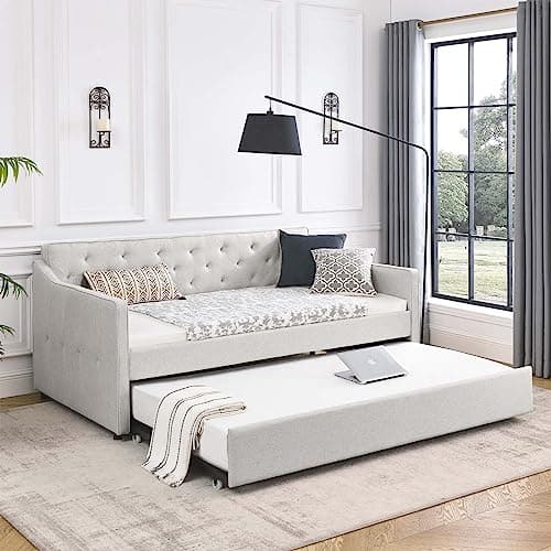 Antetek Beige Fabric Twin Daybed with Pull-Out Trundle & No Box Spring