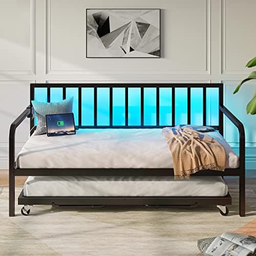 Rolanstar Height Adjustable Black Metal Daybed with Charging & LED Lights