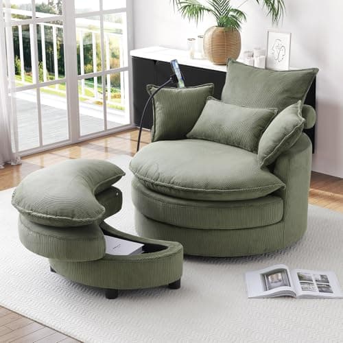 Modern Green Swivel Chair with Phone Holder & Storage Ottoman, Corduroy Upholstered