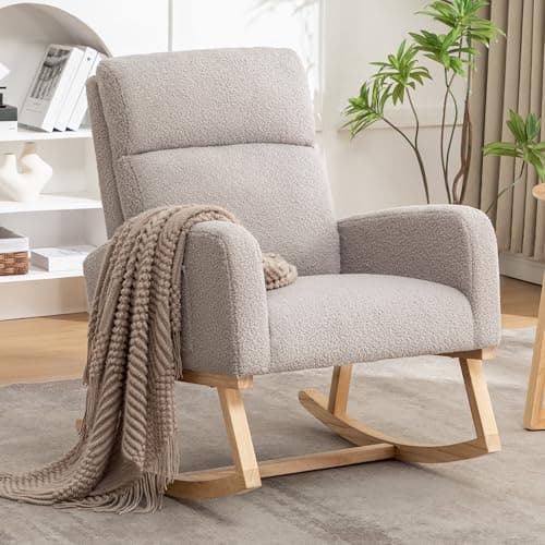 Sherpa Nursing Rocking Chair, Upholstered Glider with Side Pocket, Light Grey