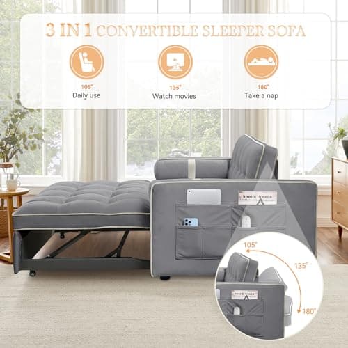 Antetek 3-in-1 Convertible Sleeper Sofa with Phone Holder - Modern Velvet Loveseat with Pullout Bed for Small Spaces, Grey