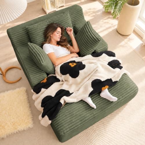 49" Chaise Lounge Indoor, Oversized Chaise Lounge Chair with 3 Comfy Pillows for Living Room Bedroom, Wide Arms Corduroy Fabric High-Density Foam No Assembly Required (White)