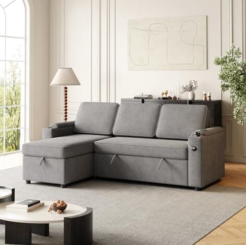 Antetek L-Shaped Sectional Sleeper Sofa, Grey with Storage & USB Port