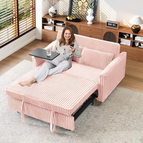 Antetek 3-in-1 Corduroy Convertible Sofa Bed, Gray with Movable Table & USB Ports