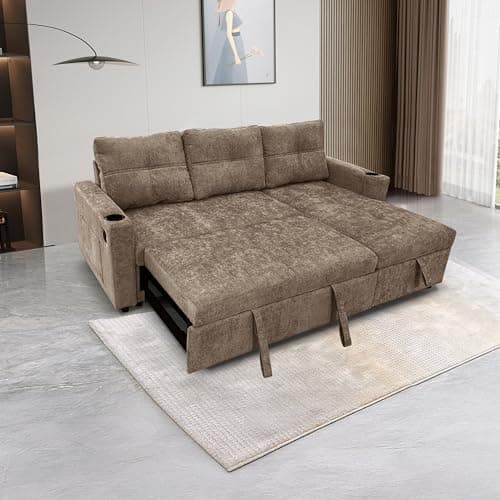 Eafurn Reversible Corduroy L-Shaped Sleeper Sectional With Chaise, USB Ports, Living Room Sofa Bed