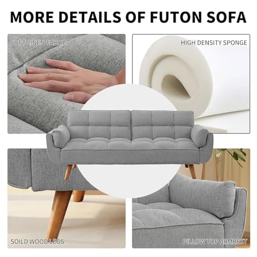 Gray Linen Convertible Futon 3-Seater Sofa Bed with Adjustable Backrests