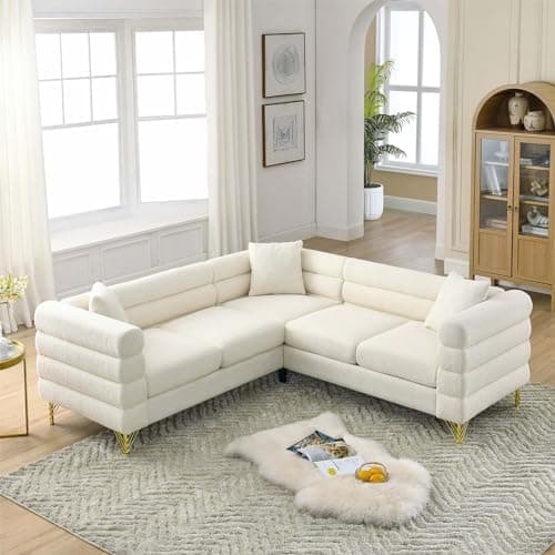 Antetek Modern Black L-Shaped Chaise Lounge Couch with Teddy Fabric and Gold Legs