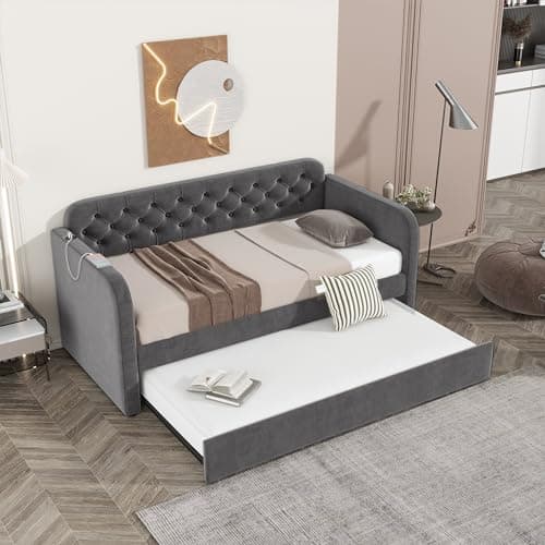 Dark Grey Velvet Upholstered Twin Size Daybed with Trundle and USB Port