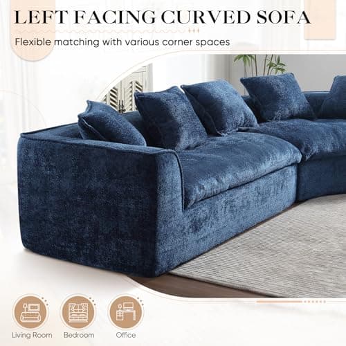 Oversized Curved Corner Sofa, 3 Seater Modern Blue Couch with 5 Throw Pillows