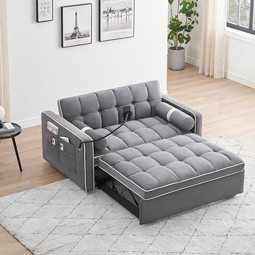 Convertible Sleeper Sofa Chair with USB and Cup Holders - Velvet Daybed for Guests