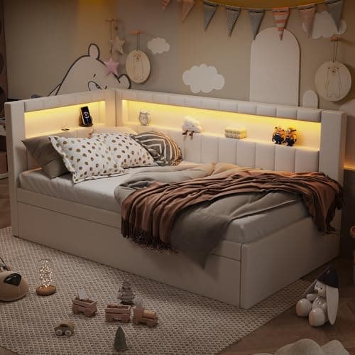 Twin Size White Daybed with Trundle and L-Shaped Bookshelf Headboard for Kids Boys Girls