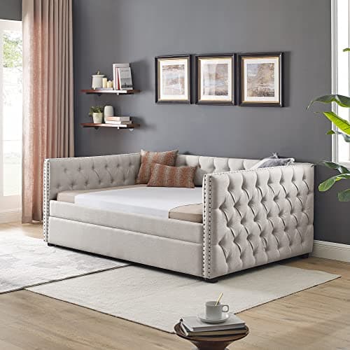 Antetek Modern Upholstered Full-Size Daybed with Trundle for Bedroom and Living Room (Beige)