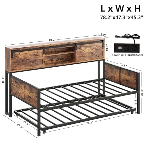 LIKIMIO Industrial Brown Daybed with Trundle, Storage & Charging Station