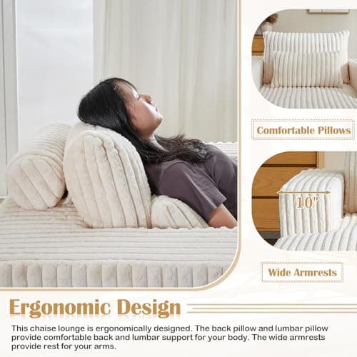 Beige Oversized Chaise Lounge Chair with Armrests & Pillows, Modern Couch for Living Room, Bedroom, Office