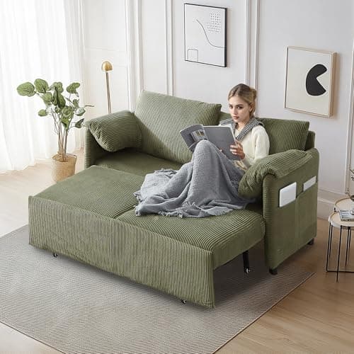 3-in-1 Corduroy Green Queen Sleeper Sofa Bed with Side Pockets