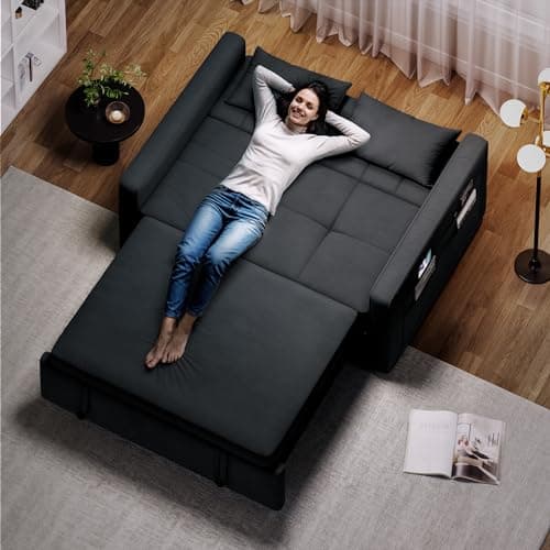 Black 55" 3-in-1 Convertible Sofa Bed with Velvet & Adjustable Backrest