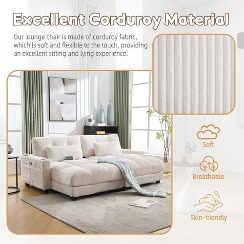 Beige 91-inch Modular Chaise Lounge Sleeper Sofa with USB Ports & Cup Holders