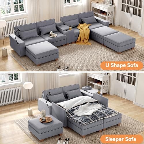 123" U-Shaped Modular Sofa with Storage, 4 Seats, Convertible Bed & Phone Holder"