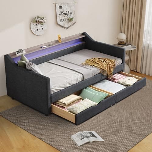 Linen Upholstered Ball & Cast Daybed, Dark Grey, 2 Storage Drawers