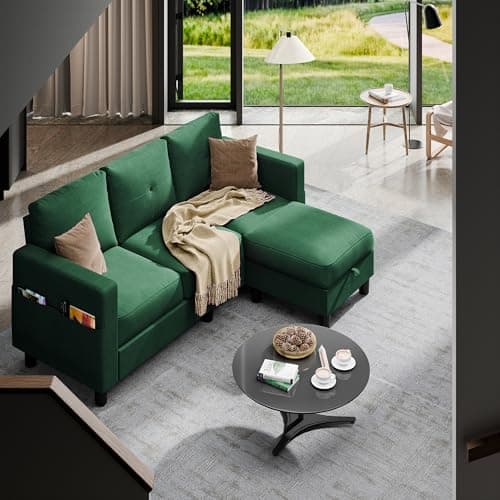 Shintenchi Green 3-Seater L-Shaped Sectional Sofa with Ottoman and Reversible Chaise