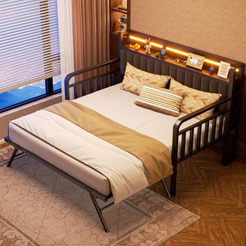Heavy Duty Metal Twin Daybed with Trundle & LED Light (Brown)