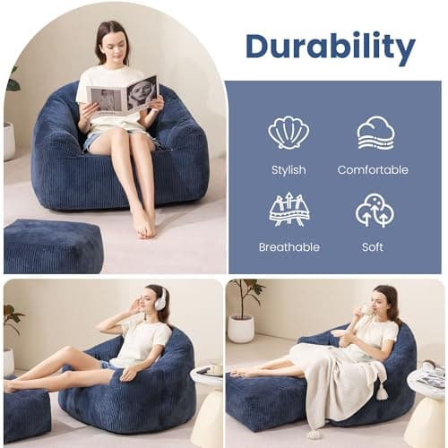 Oversized Plush Bean Bag Chair with Ottoman & Armrests, Cozy Reading Chair, Blue