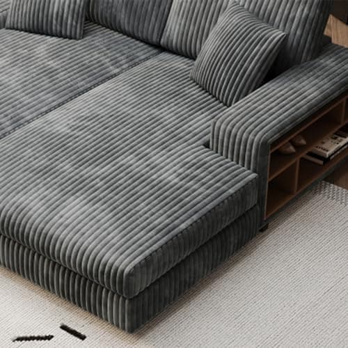 Oversized Modern Grey Corduroy Chaise Lounge Sleeper Couch with Storage Armrests