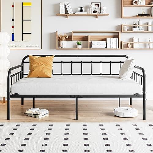 Black Twin Heavy Duty Metal Daybed Frame with Slats Mattress Foundation