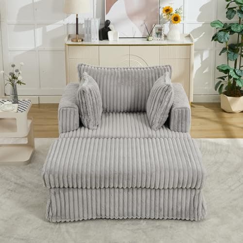 Oversized Beige Chaise Lounge Chair with Ottoman and Throw Pillows