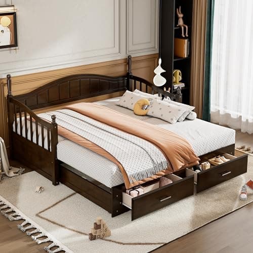 Merax Modern Wood Daybed with Pop Up Trundle for Kids Teens Adults Espresso