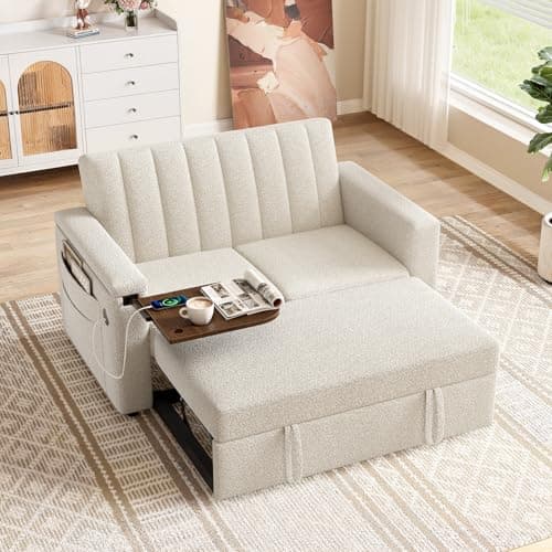 Pipishell 54" Sleeper Sofa Bed with Hidden Table & Charging Ports (Beige)