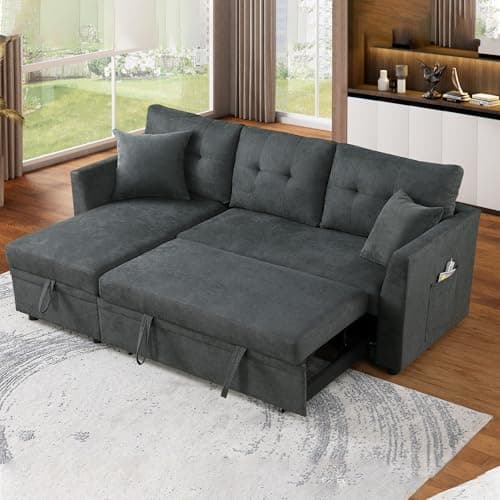 Eafurn Reversible Corduroy L-Shaped Sleeper Sectional With Chaise, USB Ports, Living Room Sofa Bed
