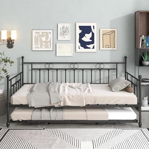 Height Adjustable Twin Daybed with Trundle, Black Pull-Out Sofa Bed for Living & Guest Rooms